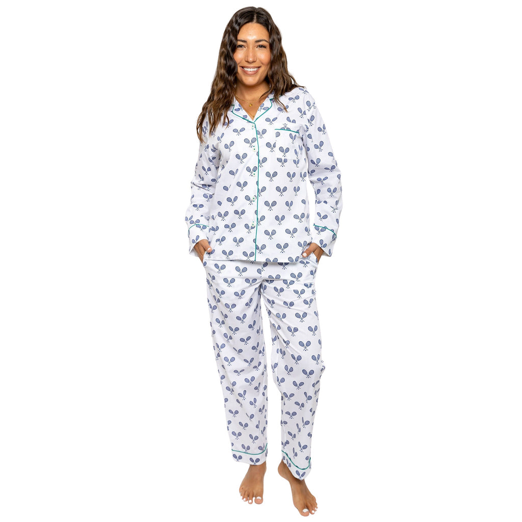 Women's Tennis Navy Long PJ Set - Organic Cotton Poplin