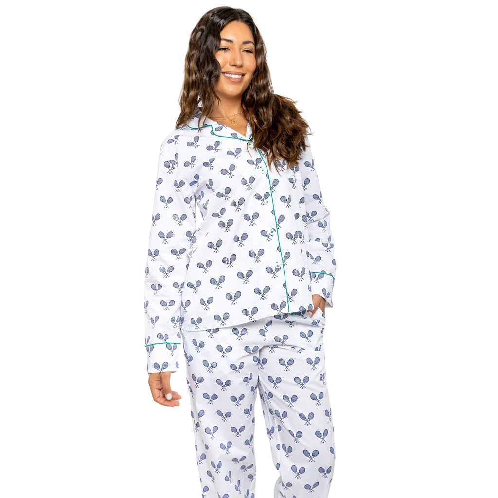 Women's Tennis Navy Long PJ Set - Organic Cotton Poplin